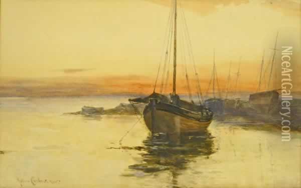 Moored Boats - Evening Oil Painting - John Carlaw