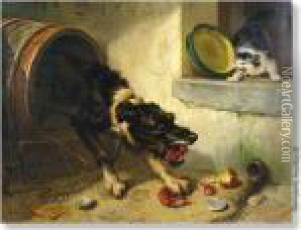 Fight Over A Crab's Leg Oil Painting - Henriette Ronner-Knip