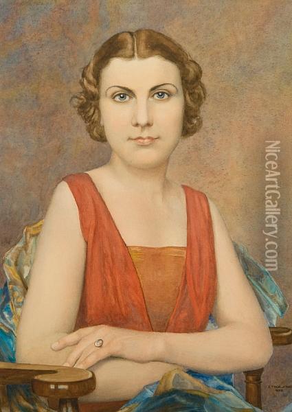 Portrait Of A Lady With Cropped Hair, In Reddress Oil Painting - Edwin Thomas Johns