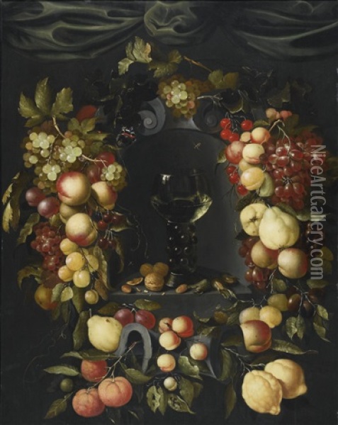 A Roemer With Walnuts And Almonds In A Niche Surrounded By A Garland Of Fruits, With Wasps And Ladybirds, And A Canopy Above Oil Painting - Johannes Borman