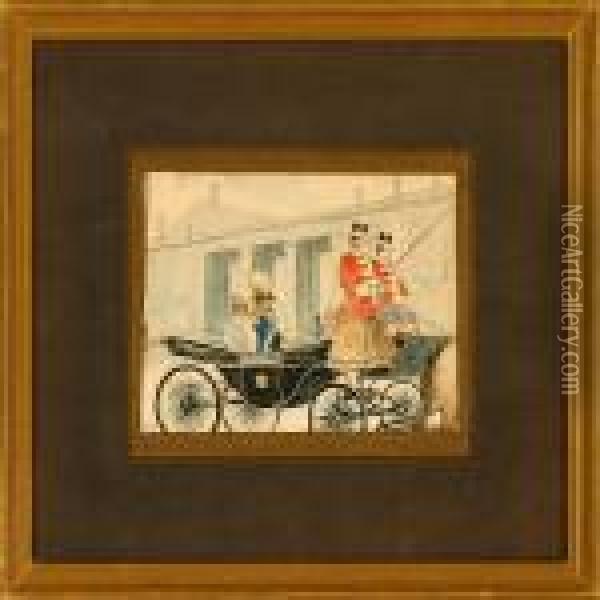 King Christian Ix And Queen Louise Of Denmark Driving In A Coach Oil Painting - Paul-Gustave Fischer