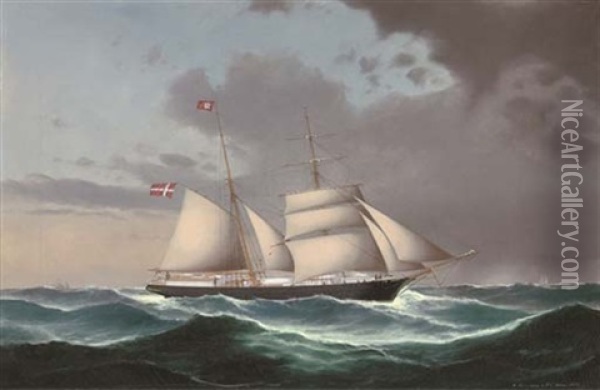 The Danish Brigantine "adolph" Under Reduced Sail And Heading Into Stormy Weather (collab. W/pieter Christian Holm) Oil Painting - Heinrich Andreas Sophus Petersen