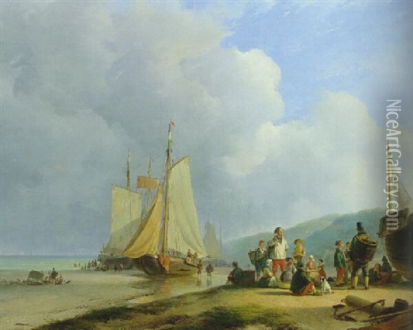 Villagefolk Gathered Around A Fishmonger On A Beach Oil Painting - Andreas Schelfhout