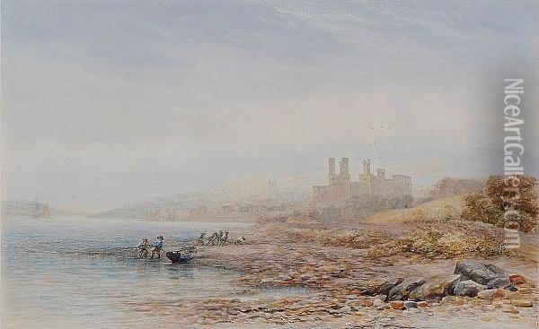 Caernarfon Castle, With Figures 
Hauling Netsashore To The Foreground, Signed, Watercolour Oil Painting - James Orrock