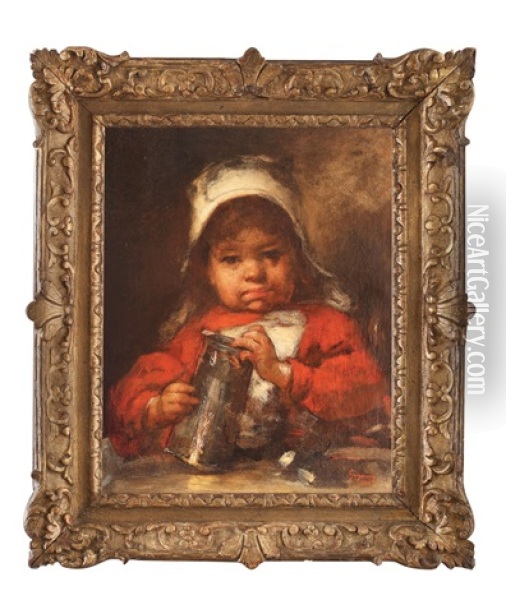 Fetita In Rosu Oil Painting - Nicolae Grigorescu