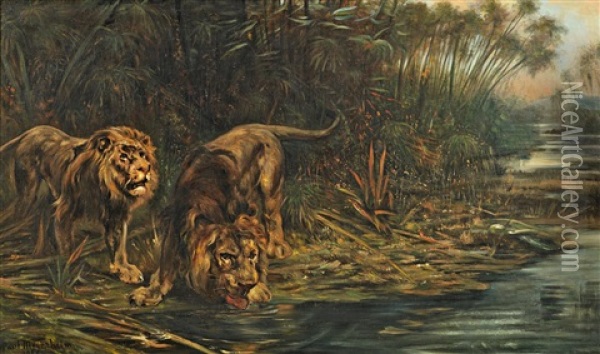 Lowen Am Fluss Oil Painting - Paul Friedrich Meyerheim