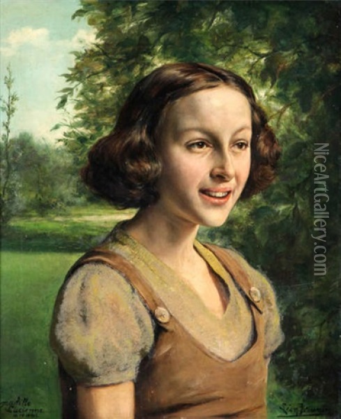 Ma Fille Lucienne A Dix Ans Oil Painting - Leon de Meutter Brunin