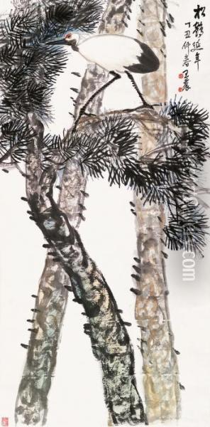 Pine Tree And Crane Oil Painting - Wang Zhen