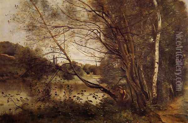 Pond at Ville d'Avray, with Leaning Trees Oil Painting - Jean-Baptiste-Camille Corot