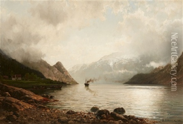 Steamship On A Fjord Oil Painting - Anders Monsen Askevold