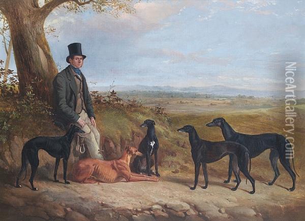 Portrait Of A Gentleman With Five Greyhoundsin A Landscape Oil Painting - James Walsham Baldock