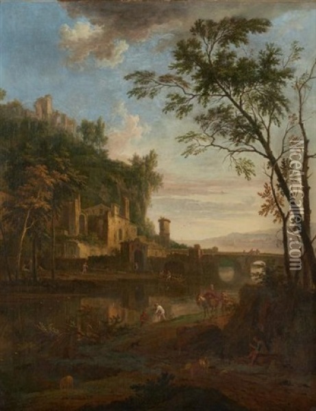 Village Fortifie Au Pied D'une Falaise Oil Painting - Jan Van Huysum