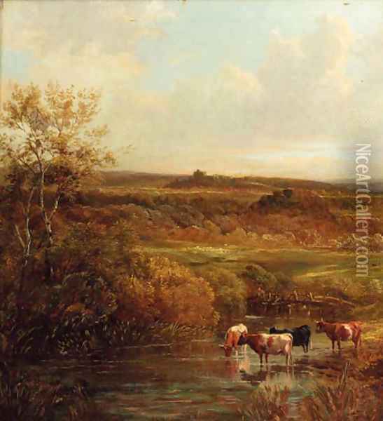 Cattle watering in an extensive landscape Oil Painting - Thomas Creswick