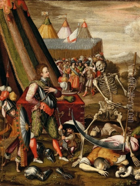 Der Dialog Des Prinzen Mit Dem Tod, Allegorie Auf Die Schrecken Des Krieges Oil Painting - Antoine Caron