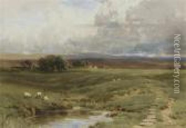Sheep Grazing Below The Moors Oil Painting - Harry Sutton Palmer