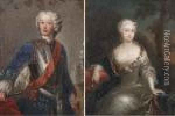 Portrait Of A Gentleman, 
Three-quarter-length, In A Blue Coat Witha Breastplate, Holding A Baton 
In His Right Hand, A Battlefieldbeyond; And Portrait Of A Lady, Seated, 
Three-quarter-length, In Asilk Grey Dress And Blue Shawl, In A Landscape Oil Painting - Antoine Pesne