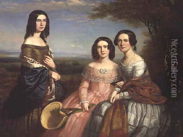 Group portrait of three girls in a landscape Oil Painting - William Bliss Baker