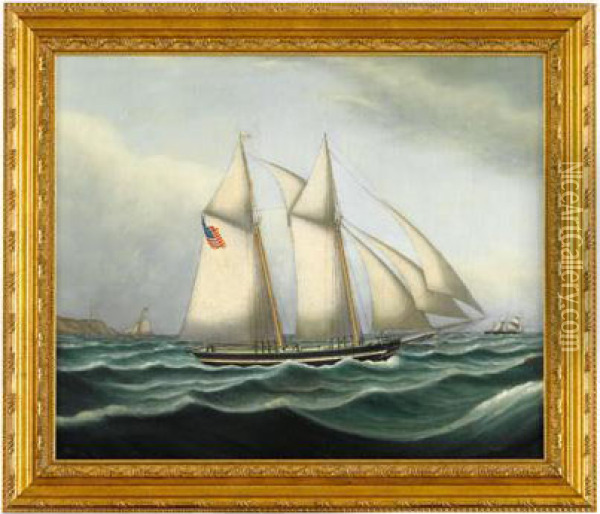 A Schooner Flying American Flag With Lighthouse Beyond Oil Painting - William Pierce Stubbs
