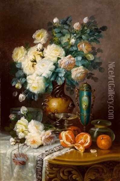 White Roses, Oranges, And Porcelain Urn On Draped Table Oil Painting - Max Carlier