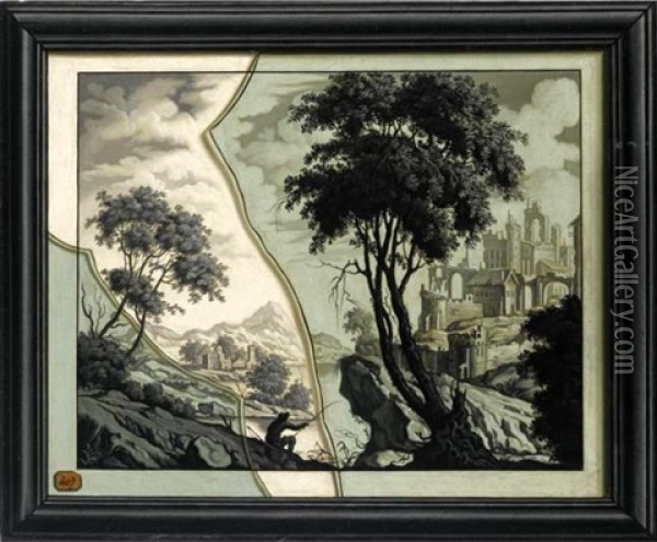 A Framed Landscape With A Fisherman Painted Below Broken Glass Oil Painting - Jean Valette-Falgores Penot