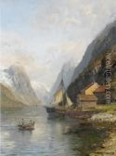 Fjordlandschaft Mit Bootsanlegestelle Und Figurenstaffage. Oil Painting - Anders Monsen Askevold