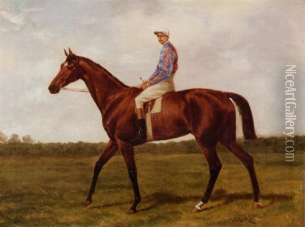 A Chestnut Racehorse With Jockey Up Oil Painting - Alfred Charles Havell