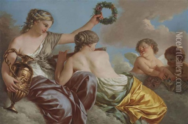 Two Muses With Putti Oil Painting - Jean Jacques Lagrenee the Younger