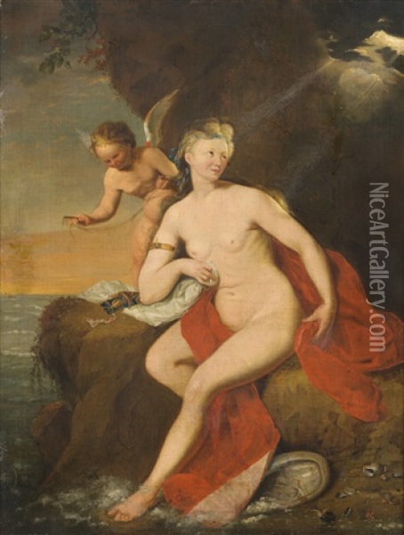 Venus Am Meeresufer Bei Der Toilette; Venus Uberreicht Amor Einen Brennenden Pfeil Oil Painting - Godfried Schalcken