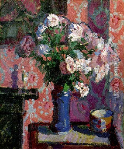 Roses In A Blue Vase Oil Painting - Harold Gilman