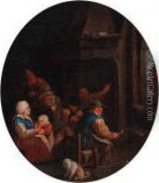 Peasants In An Interior Oil Painting - Cornelis Dusart