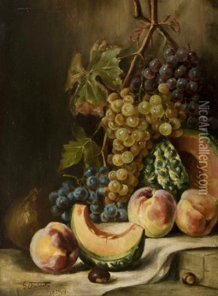 Natura Morta Con Uva, Zucca, Pesche, Castagne E Melograno Oil Painting - Giuseppe Falchetti