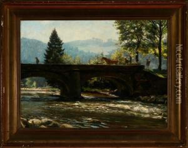 Southern Landscape With A Bridge Oil Painting - Carl Wentorf