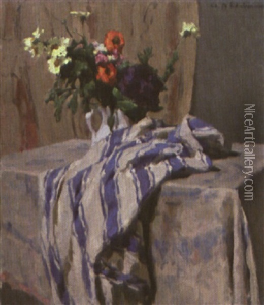Fleurs Dans Un Vase Et Draperie Sur Un Entablement Oil Painting - Charles-Auguste Edelmann