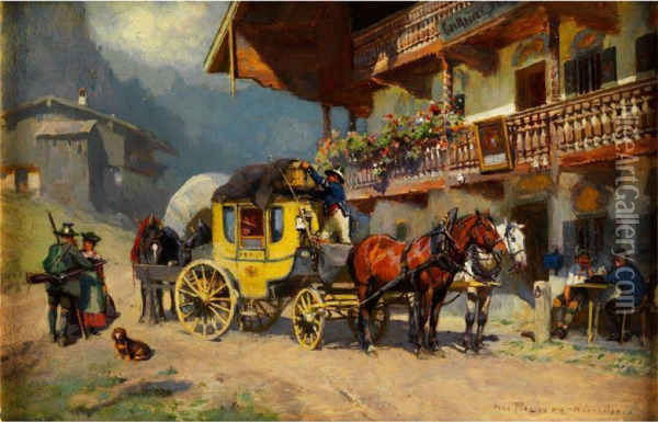Postkutsche Vor Einem Garmischer Gasthof Oil Painting - Max Joseph Pitzner