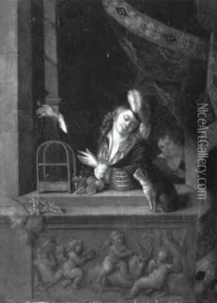 A Youth, With A Bird Perched On His Finger, At A Draped Niche Oil Painting - Willem van Mieris