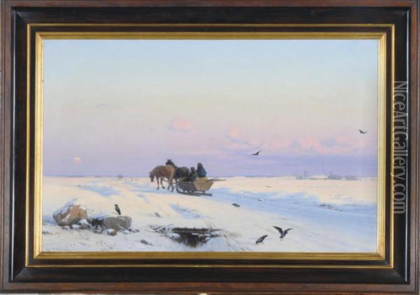 Sledding In A Winter Landscape Oil Painting - Hans Gabriel Friis