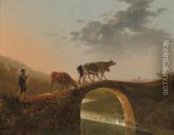 A River Landscape With A Drover And His Cattle Crossing Abridge Oil Painting - Aelbert Cuyp