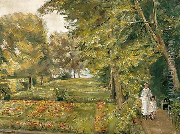 The Artist's Granddaughter with her Governess in the Wannsee Garden Oil Painting - Max Liebermann