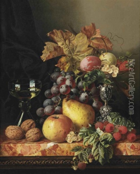 A Still Life With A Pear, An Apple, Walnuts And Various Other Fruits Oil Painting - Edward Ladell