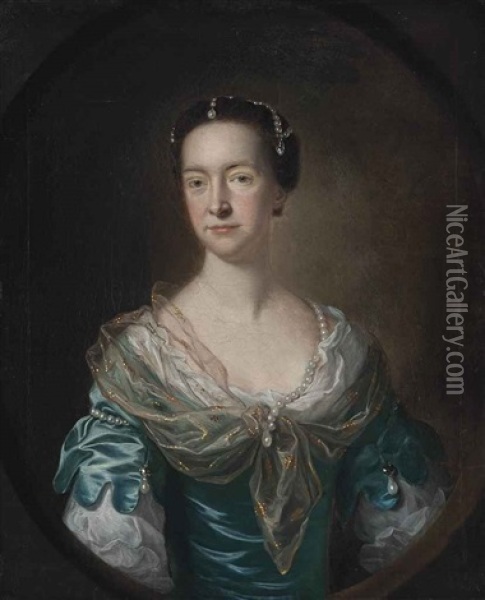 Portrait Of A Lady, Traditionally Identified As Mrs Margaret Fergusson, Half-length, In A Blue Dress With Pearl Ornaments And A Gold-embroidered ... Oil Painting - Allan Ramsay