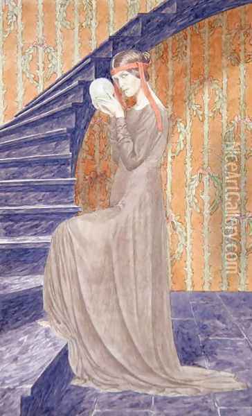 Young woman in Aesthetic style dress holding a sphere, 1894 Oil Painting - Carlos Schwabe