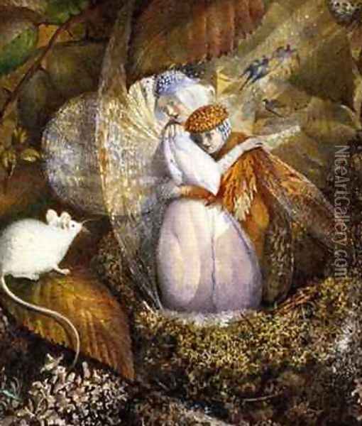 Fairy Lovers in a Birds Nest Watching a White Mouse Oil Painting - Frederick Goodall