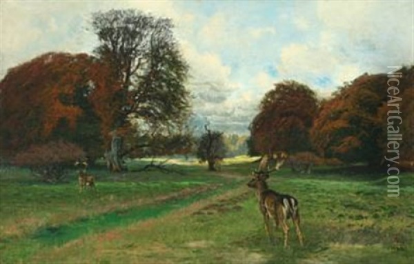 Scenery With Two Fallow Bucks In The Fall In Dyrehaven Oil Painting - Thorvald Simeon Niss