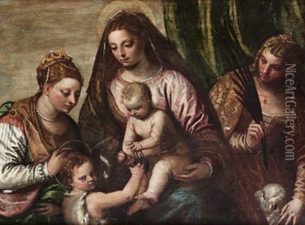 The Madonna And Child With The Infant Saint John The Baptist, Saint Agnes And Saint Catherine Oil Painting - Carlo Caliari