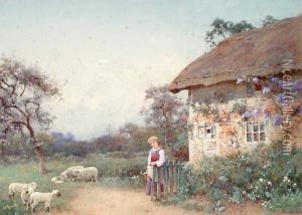Grazing The Cattle; At The Cottage Door Oil Painting - Benjamin D. Sigmund