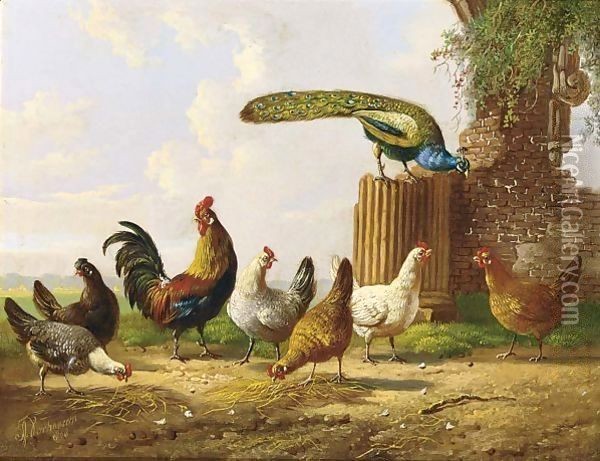 Poultry In A Landscape (A Pair) Oil Painting - Albertus Verhoesen