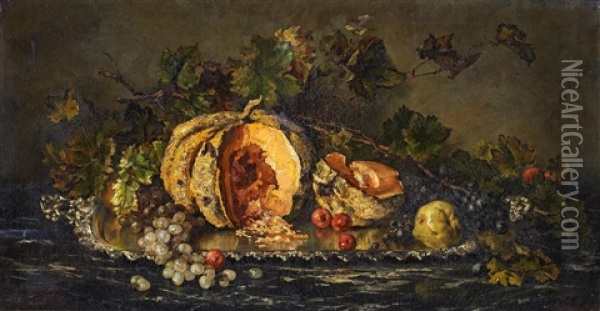 Stillleben Mit Melone Und Weintrauben Auf Einem Silbertablett Oil Painting - Cecile Douard