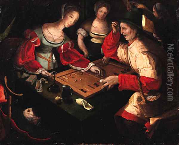 Figures playing backgammon in an interior Oil Painting - Lucas Van Leyden