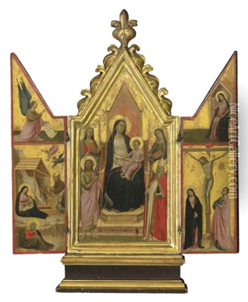 The Madonna And Child Enthroned With Saints; The Nativity With The Angel Of The Annunciation; The Crucifixion With Virgin Annunciate (triptych) Oil Painting - Taddeo Gaddi