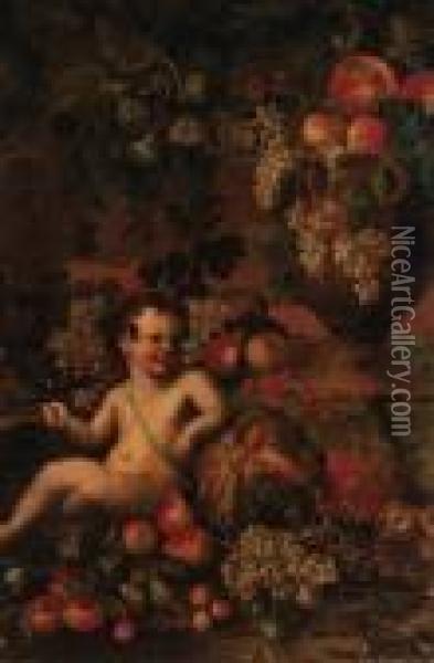 A Putto Amongst Fruit In A Landscape, With Fruit In An Urn Beyond -a Fragment Oil Painting - Abraham Brueghel